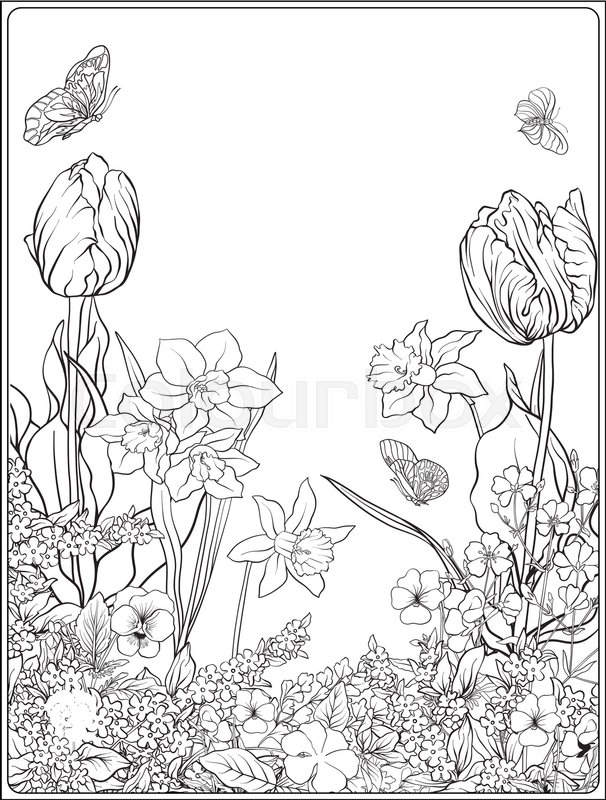 606x800 Composition With Spring Flowers Tulips, Daffodils, Violets