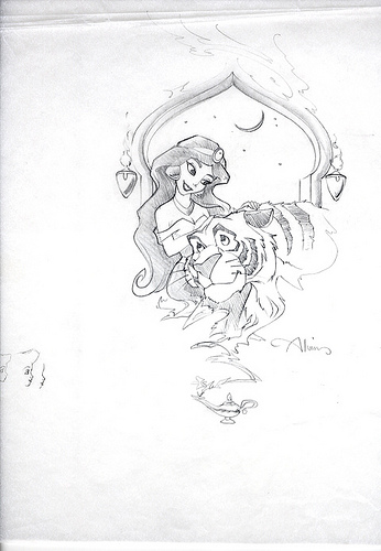 346x500 Aladdin Jasmine Amp Rajah Original Concept Drawing By John Alvin