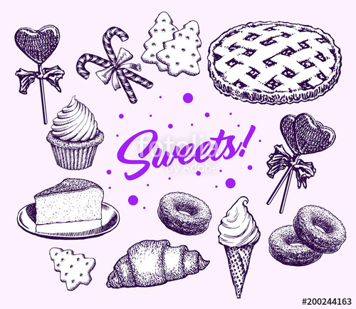 500x433 Sweets Collection Of Vintage Sketch. Holiday Cakes, Pies, Biscuits