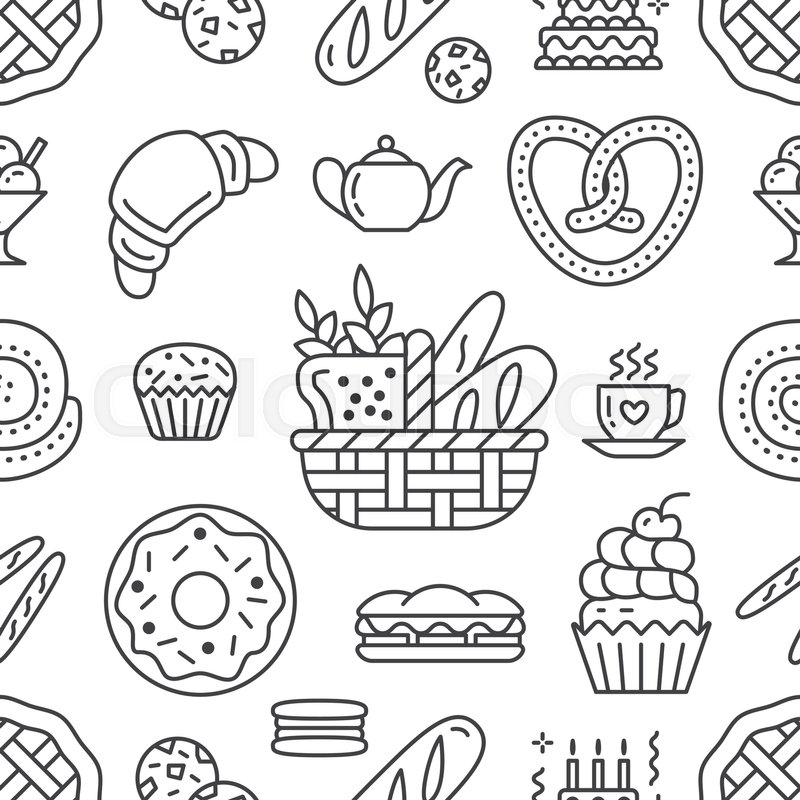 800x800 Bakery Seamless Pattern, Food Vector Background Of Black, White