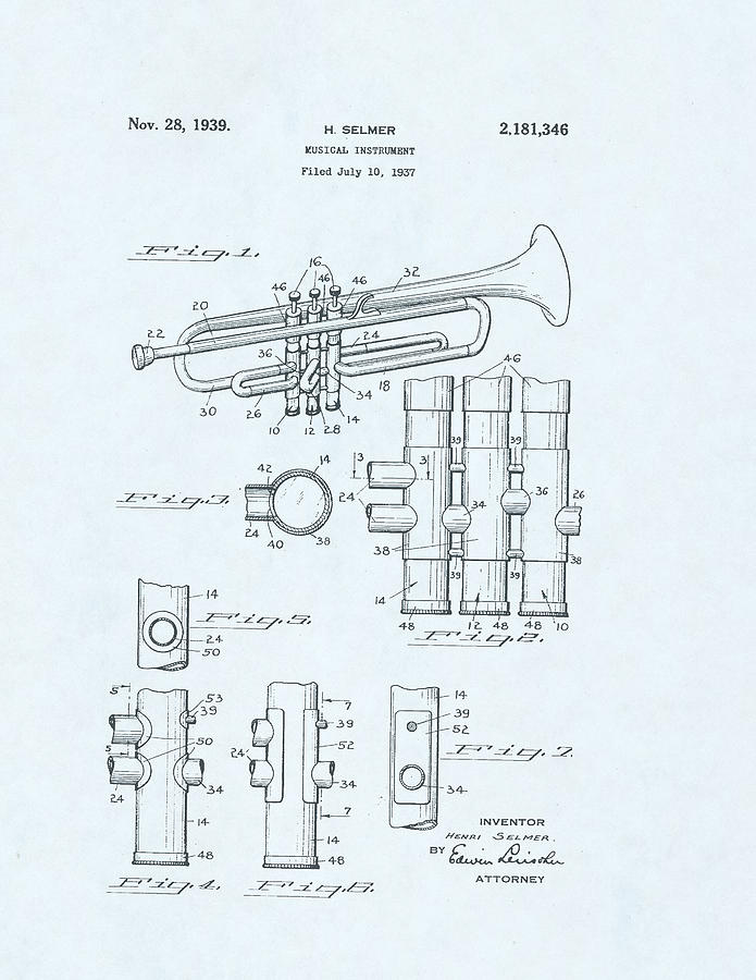 695x900 Trumpet Patent On Blue Background Drawing By Steve Kearns