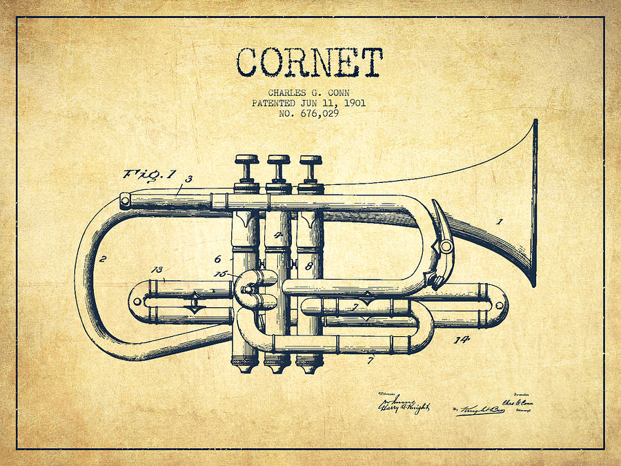 900x675 Vintage Cornet Patent Drawing From 1901 Drawing By Aged Pixel