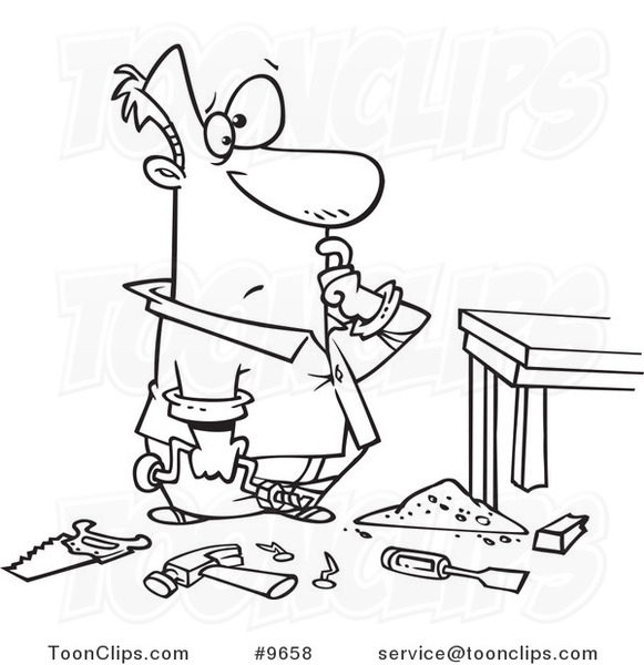 581x600 Cartoon Black And White Line Drawing Of A Messy Craftsman