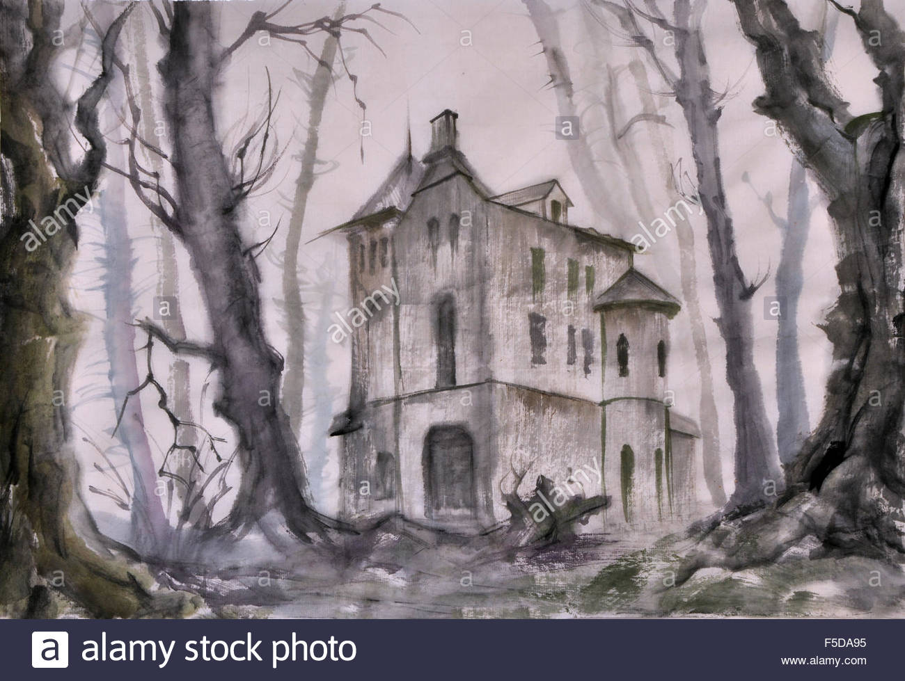 1300x979 Haunted Castle In The Autumn Bare Tree Forest, Original Watercolor