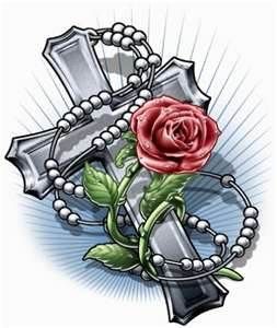 253x300 Tattoo Drawing Art And Beautiful Cross With Rosary Red Rose Flower