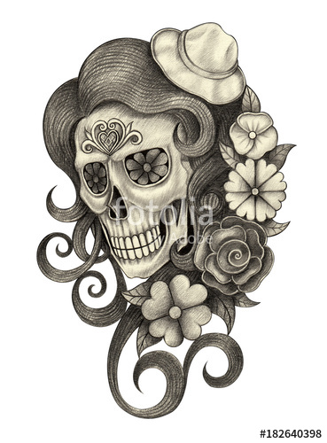 369x500 Art Design Women Skull Day Of The Dead. Hand Pencil Drawing