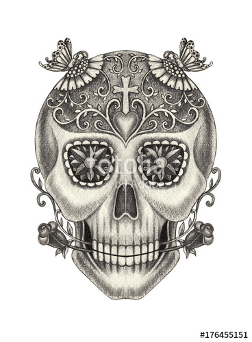 368x500 Art Sugar Skull Day Of The Dead. Hand Pencil Drawing On Paper