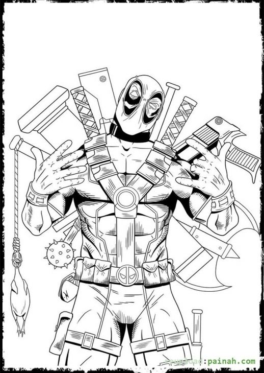 518x730 Deadpool Flaunting All Of His Weapons Coloring Page Superheroes