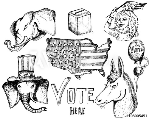 500x400 Hand Drawn Sketches.elephant Donkey. Symbols Of Democrats