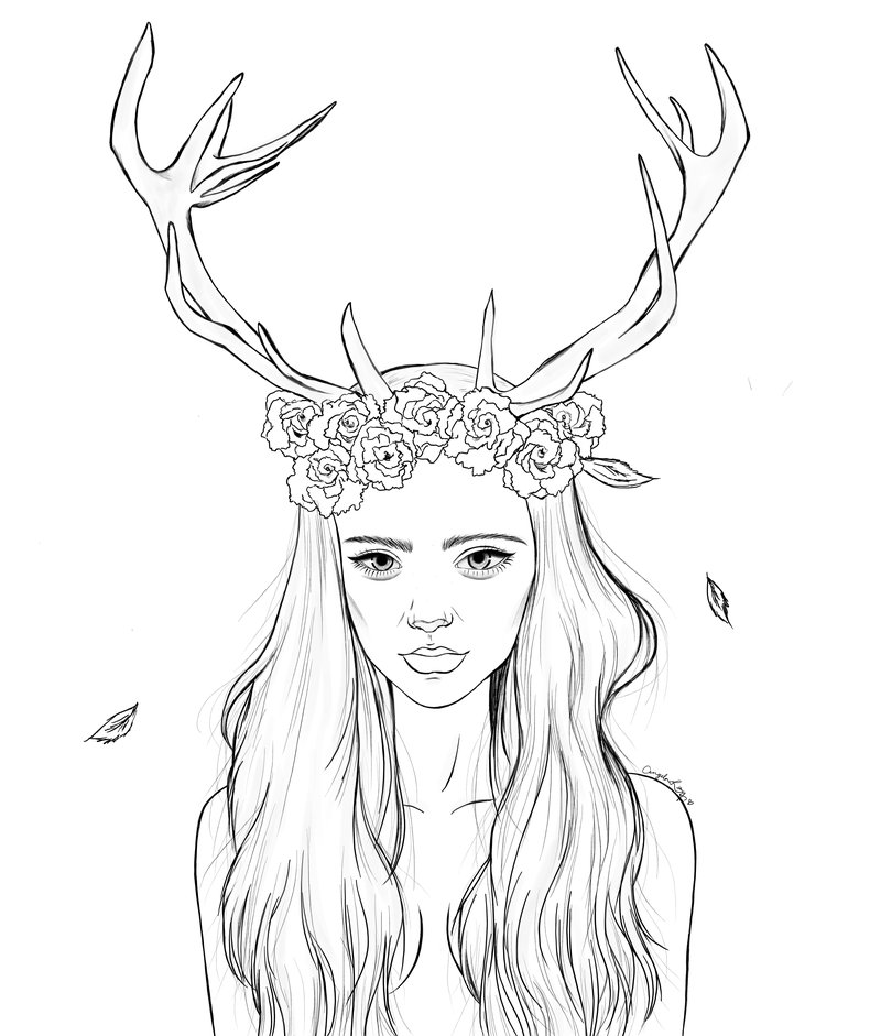 800x941 Collection Of Girl With Deer Antlers Drawing High Quality