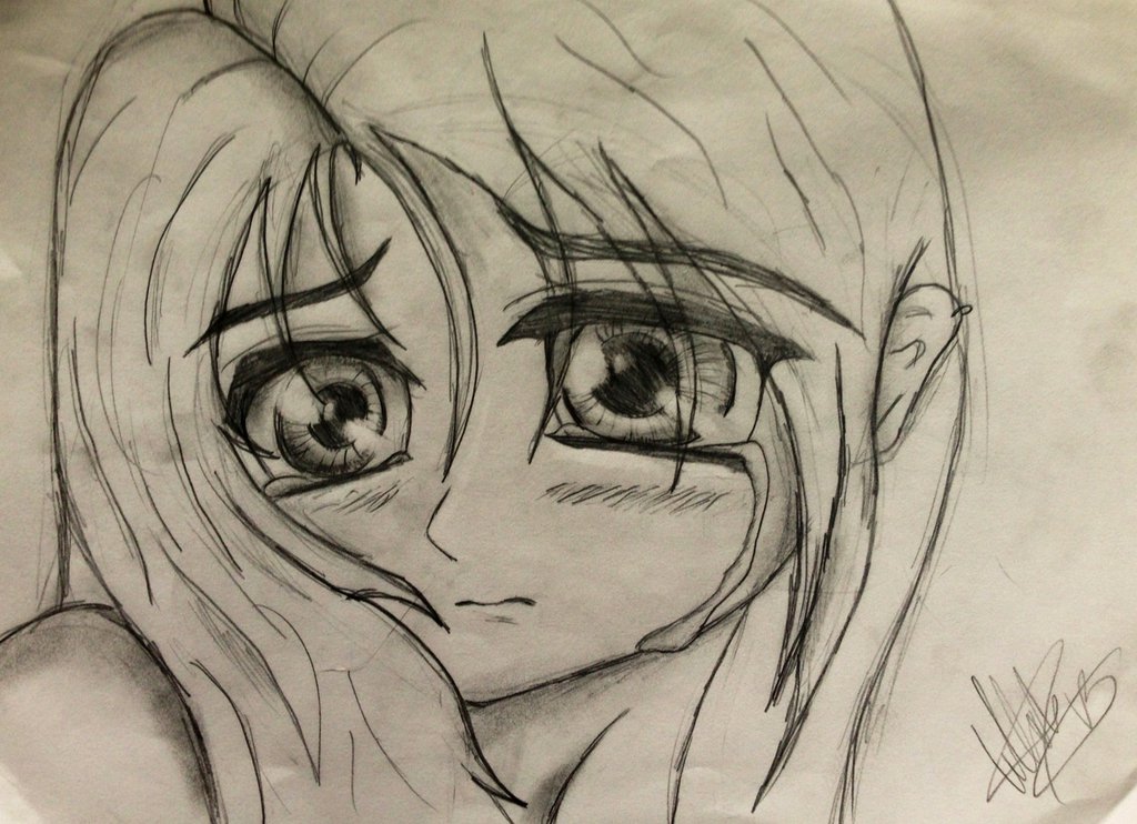 1024x742 Crying Anime Girl Sketch By Tellabart