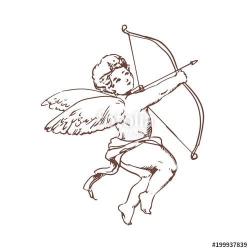 500x500 Drawing Of Adorable Cupid With Bow Aiming Or Shooting Arrow