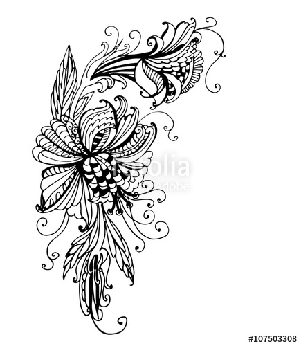 435x500 Drawing Fantastic Flower Garland With Curls Angular Frame Sketch