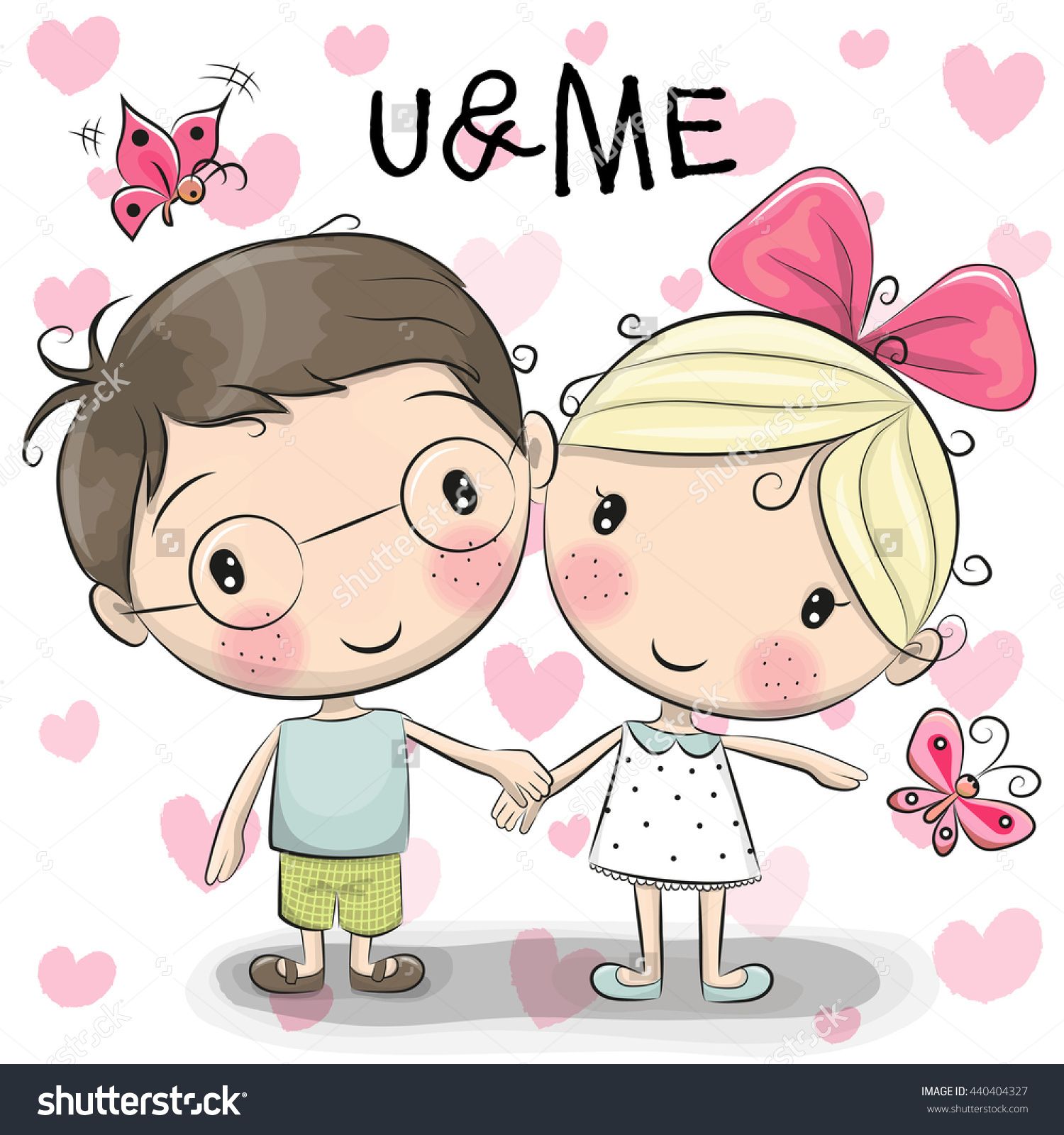 1500x1600 Cute Cartoon Boy And Girl Are Holding Hands On A Heart Background