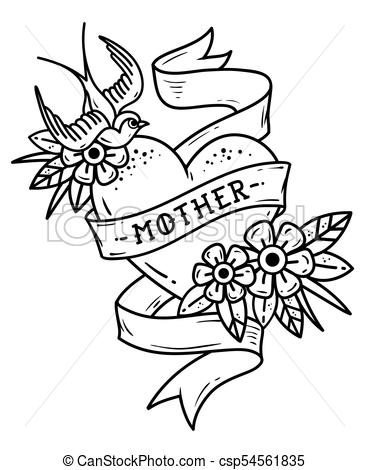 369x470 Isolated Tattoo Heart With Ribbon, Swallow, Flowers And Word