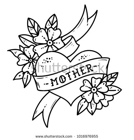 450x470 Tattoo Heart With Ribbon, Flowers And Lettering Mother Without