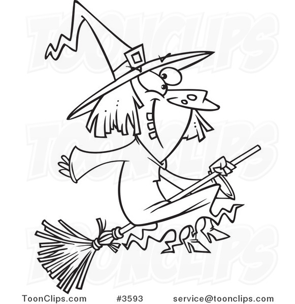 581x600 Cartoon Black And White Line Drawing Of A Happy Witch On Her