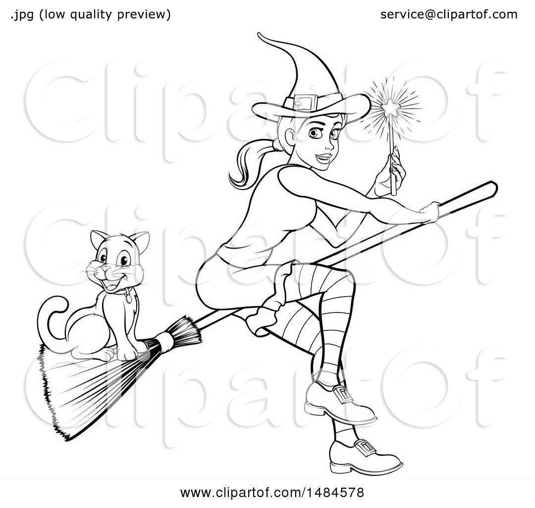 1080x1024 Clipart Of A Black And White Witch Holding A Magic Wand And Flying
