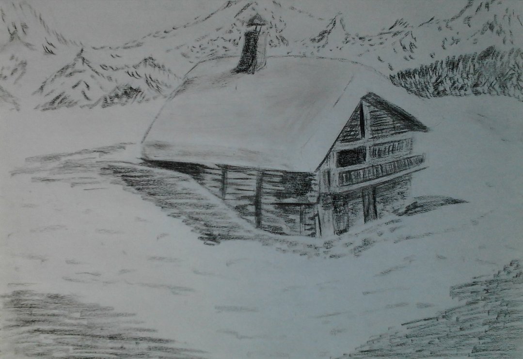 1079x741 Mountain Cottage With Snow By Mels Drawing