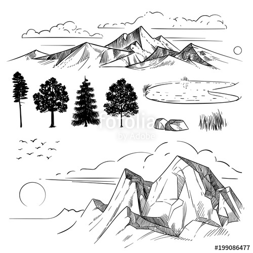 500x500 Hand Drawing Mountain Range, Peaks Clouds, Sun And Forest Trees