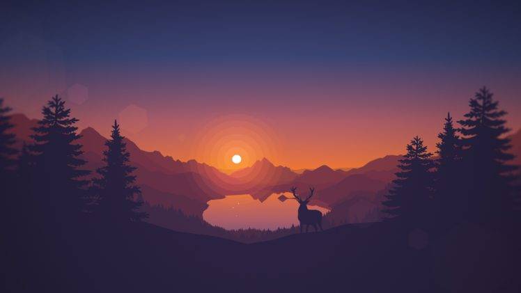748x421 Sunset, Drawing, Animals, Lake, Landscape, Deer, Artwork
