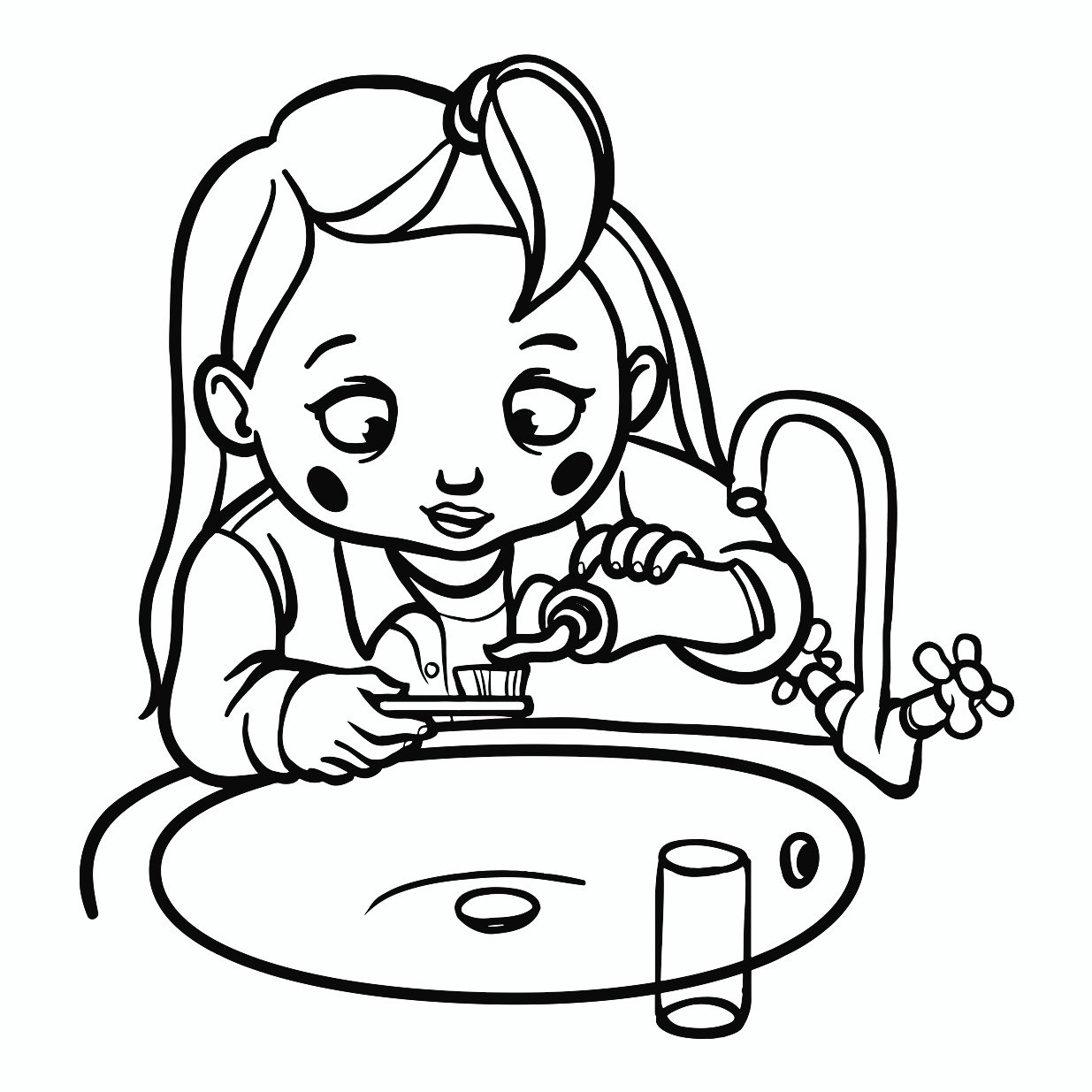 1235x1235 Girl Brushing Her Teeth Printable Image Illustration Sketch