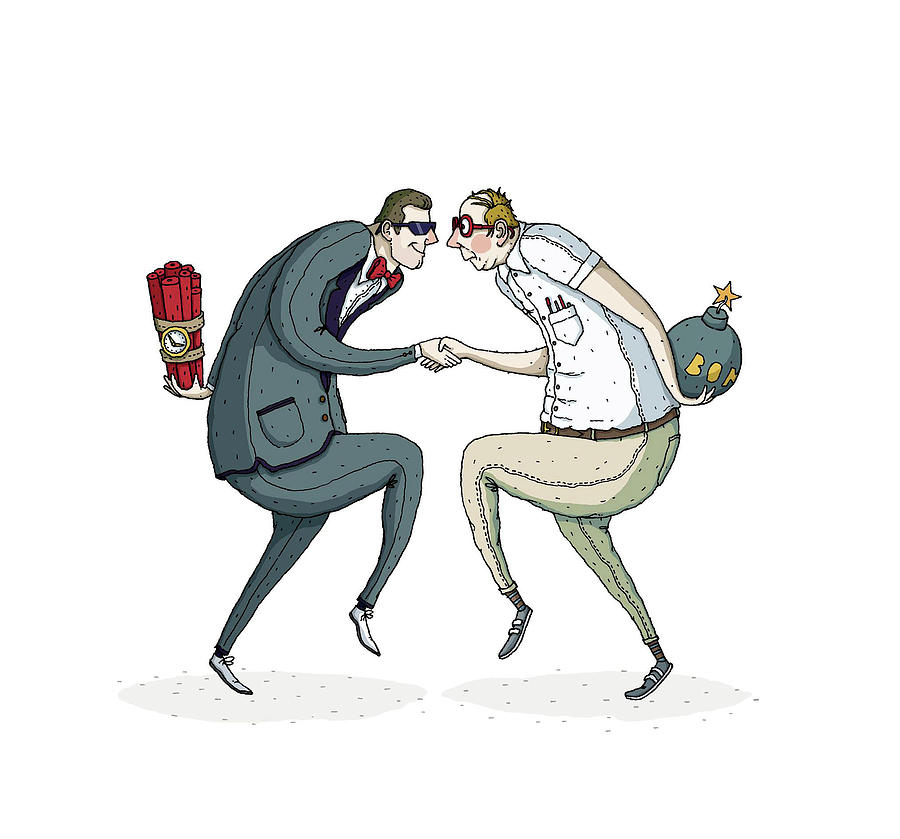 900x839 Two Businessmen Shaking Hands With Bombs Hiding In Hands By David