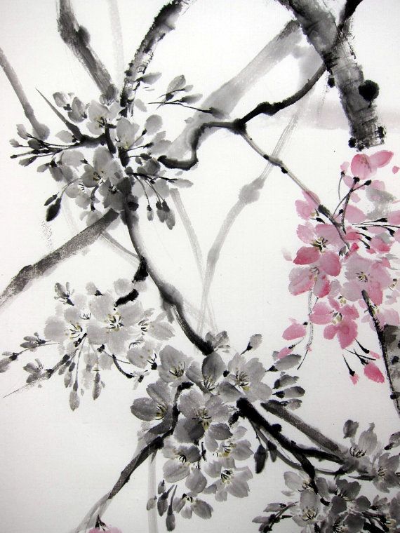 570x760 Cherry Blossom 2, Japanese Ink Painting Suibokuga,sumi E Brush