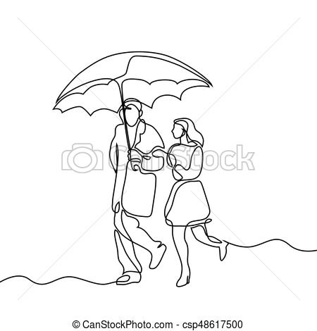 450x470 Couple Walking Under Umbrella. Continuous Line Drawing