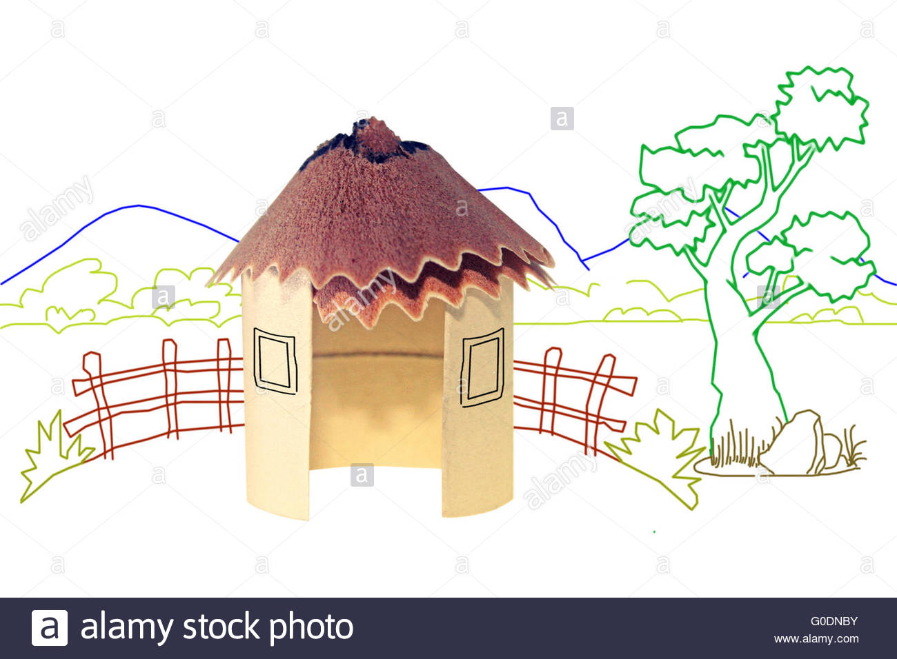 1300x956 Paper Hut, Pencil Shavings Roof With Line Drawing Background Stock