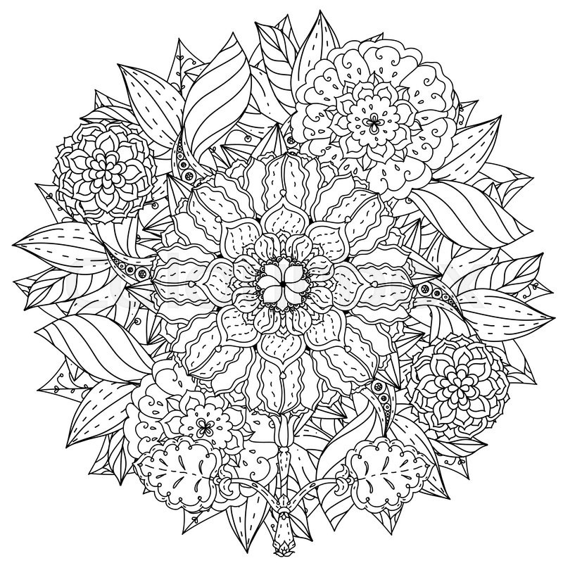 800x800 Contoured Mandala Shape Flowers For Adult Coloring Book In Zen Art