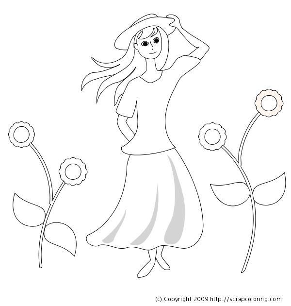 600x630 Woman In Long Skirt And Flowers Coloring Page