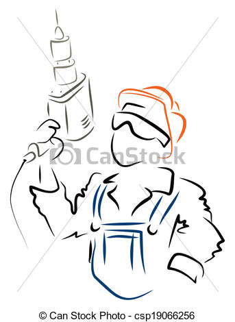 343x470 Man With Drill. Illustration Of Worker With Drill