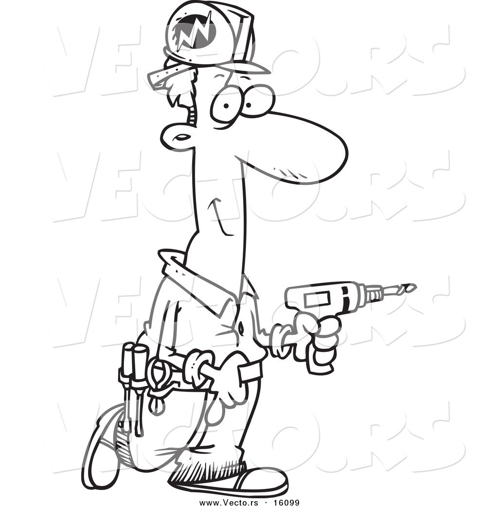 1024x1044 Vector Of A Cartoon Male Electrician Carrying Drill Outlined