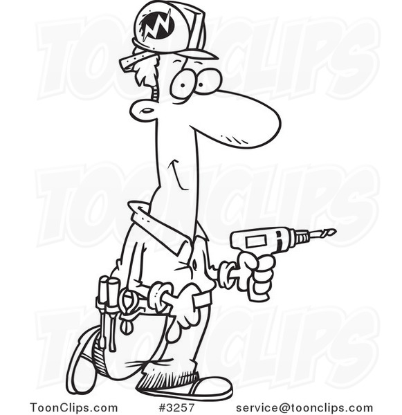 581x600 Cartoon Blacknd White Line Drawing Of Electrician Carrying