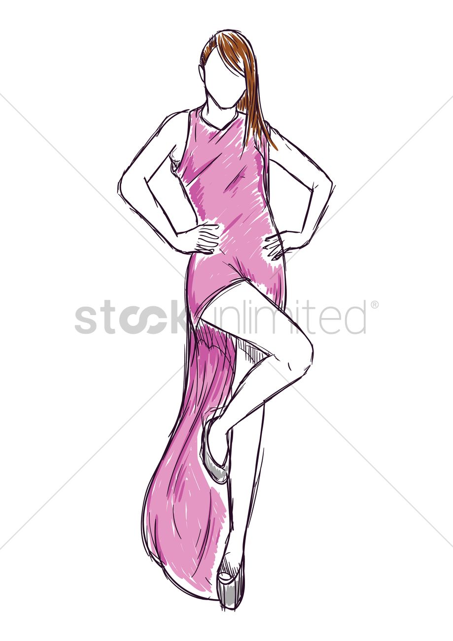 919x1300 Fashion Model In Elegant Dress Sketch Vector Image