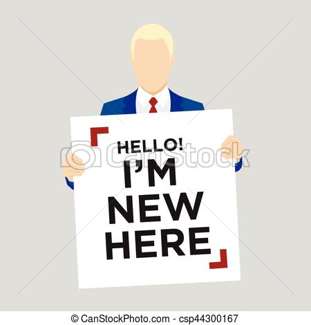 450x470 New Employee With Sign. Blond Man In Suit Holding Hello I'M