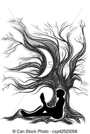 316x470 Reader Escape. Man With Book In Tree Clipart Vector