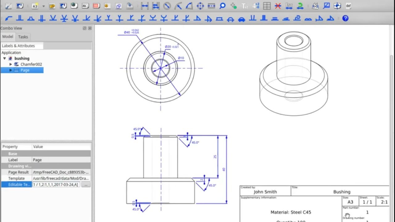 1280x720 Freecad Course Drawing Dimensioning, Example Bushing