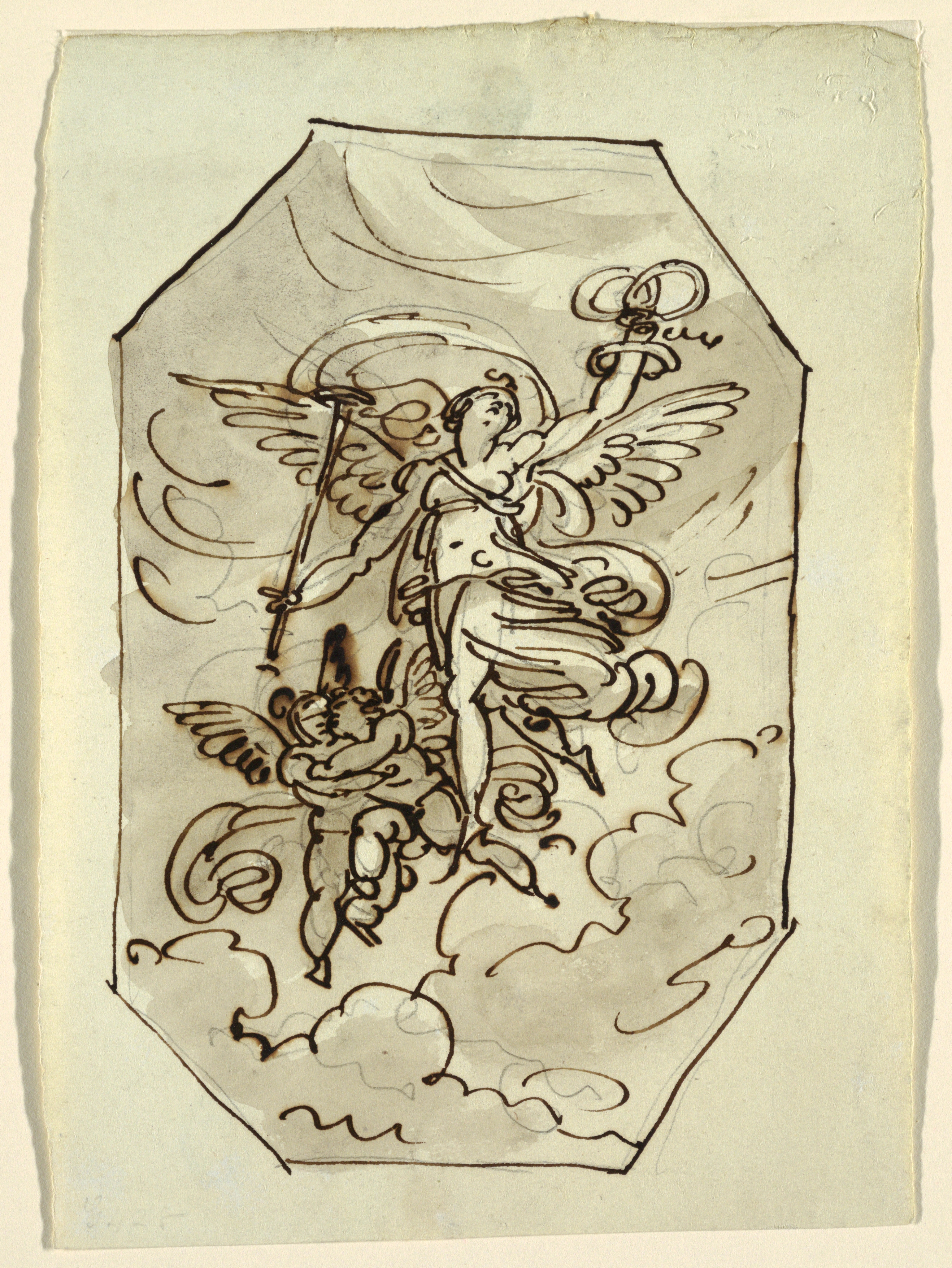 3075x4095 Filedrawing, Octagonal Drawing, Fame With Two Putti, Palazzo