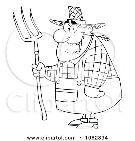 450x470 Clipart Outlined Farmer Man Chewing On Straw And Holding A Rake