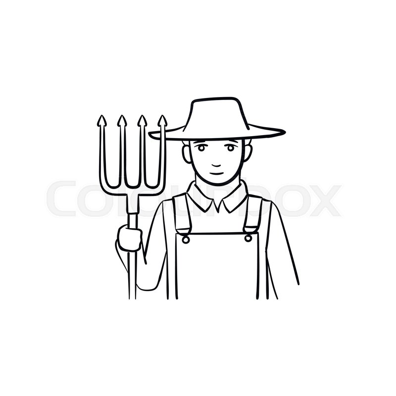 800x800 Farmer With Pitchfork Hand Drawn Outline Doodle Icon. Rural Man