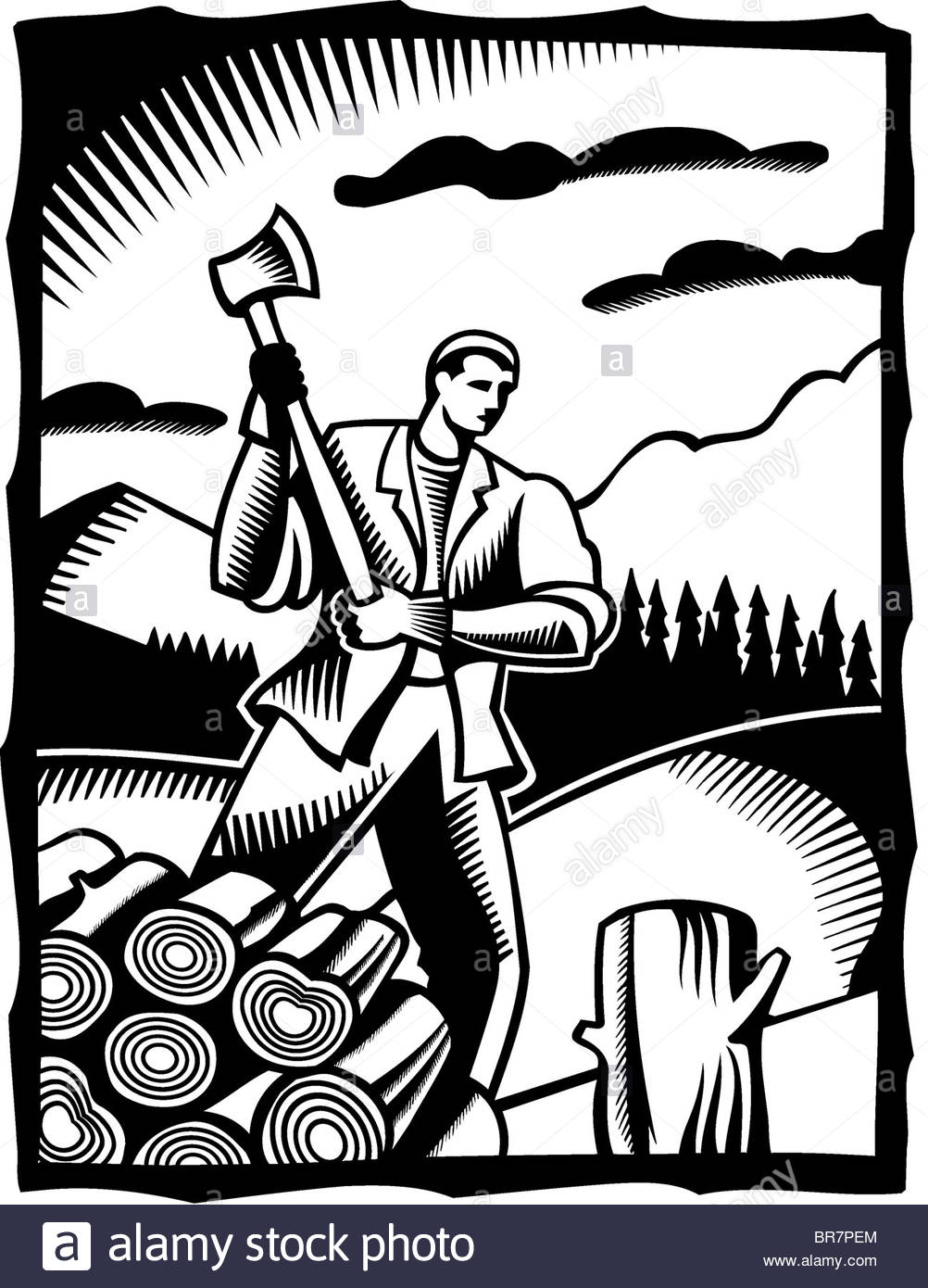 1002x1390 A Black And White Drawing Of A Man Chopping Wood With An Axe Stock
