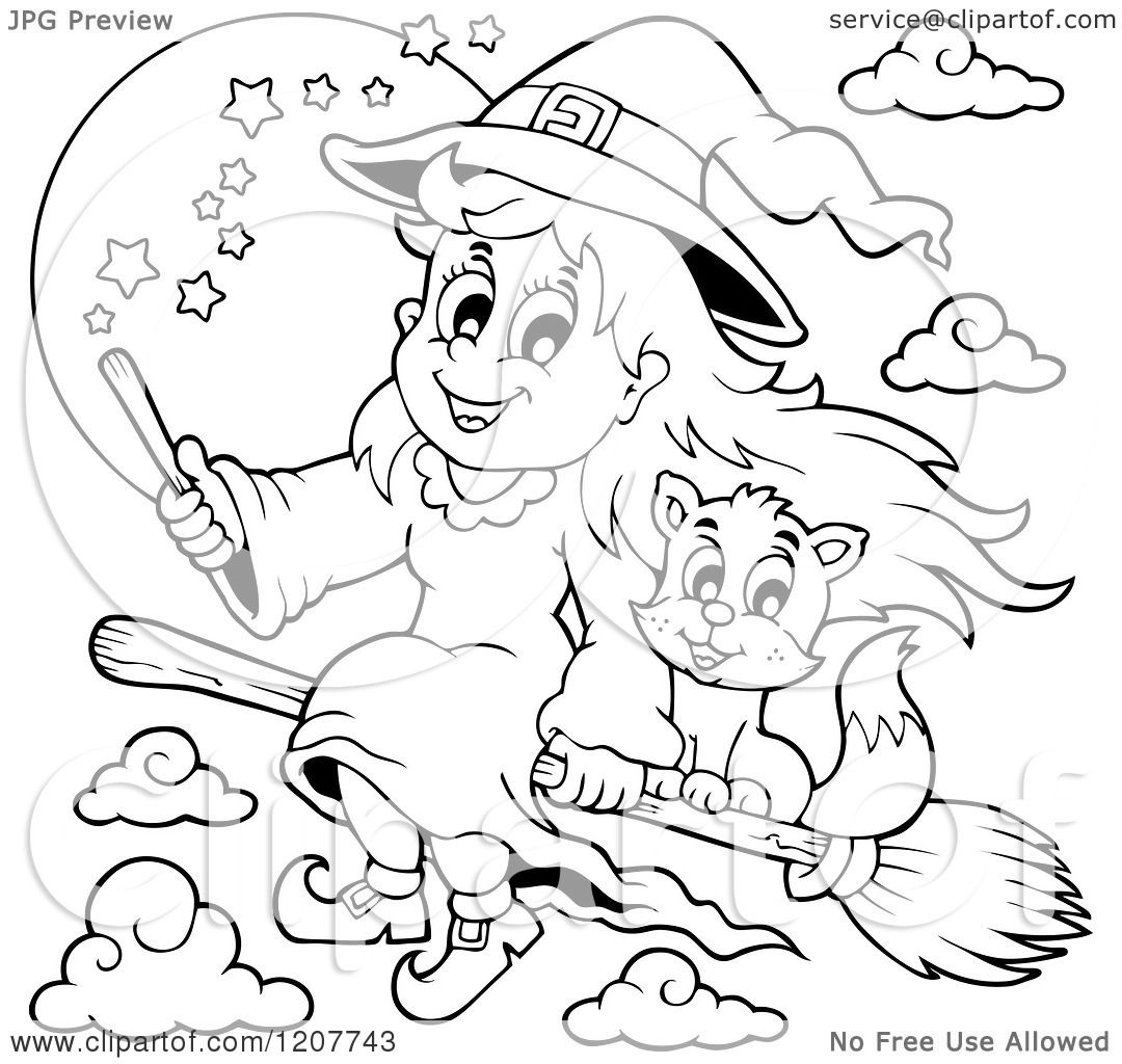1080x1024 Cartoon Of An Outlined Cute Halloween Witch Girl And Cat Flying