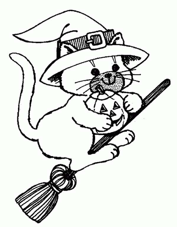 600x772 Witch Cat Riding Broomstick Coloring Page Witch Cat Riding