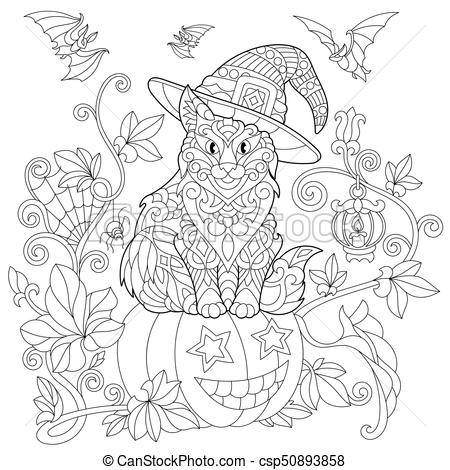 450x470 Zentangle Stylized Halloween Cat. Coloring Page Of Cat In A Hat