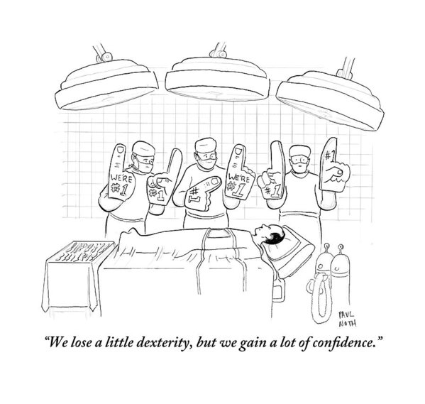 599x569 Three Surgeons Wearing Foam Fingers Speak Poster By Paul Noth