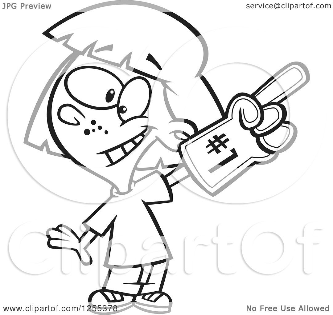 1080x1024 Clipart Of A Black And White Sports Fan Girl Wearing A Foam Finger
