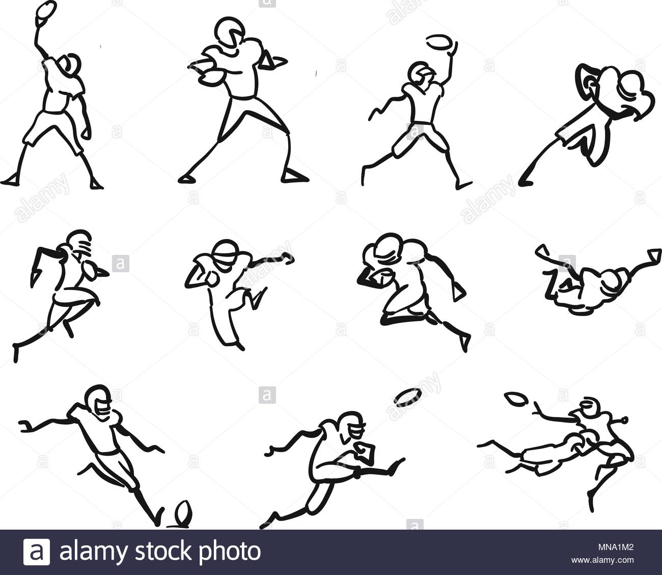 1300x1128 American Football Player Motion Sketch Studies, Hand Drawn Vector