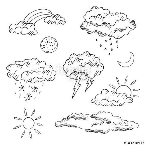 500x500 Weather Forecast Icons, Freehand Drawing. Sketch, Vector